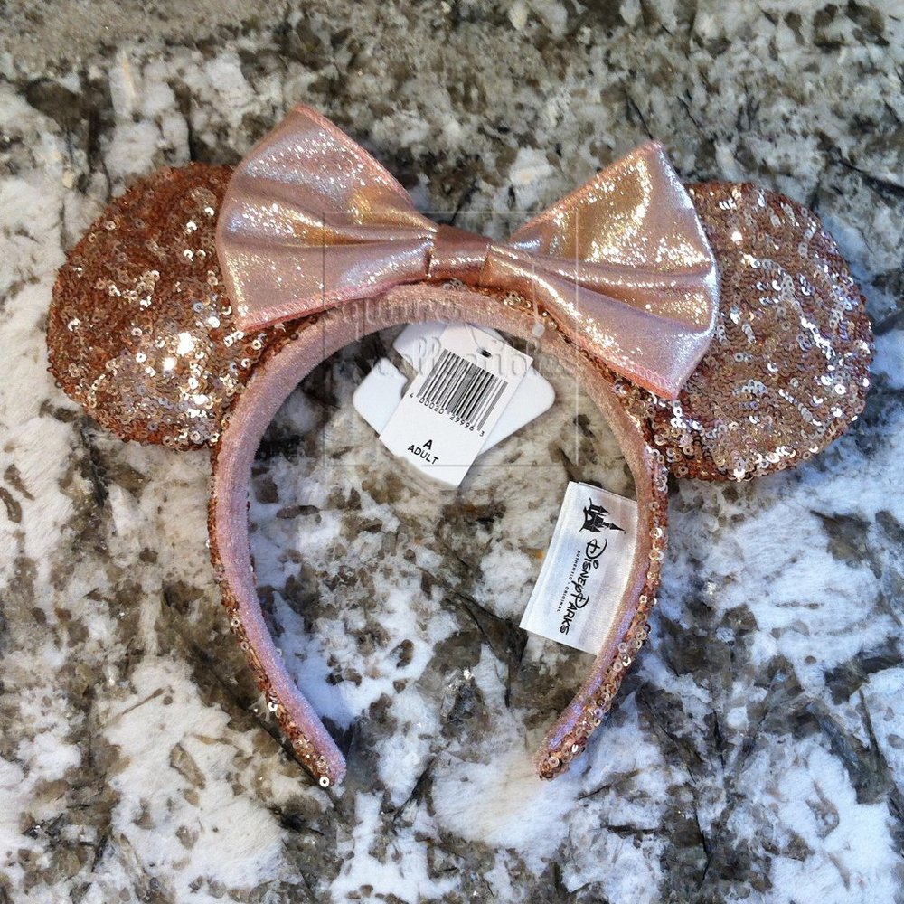 Disney Parks Rose Gold Ears Headband ORIGINAL Minnie Mouse Bow Sequin Glitter